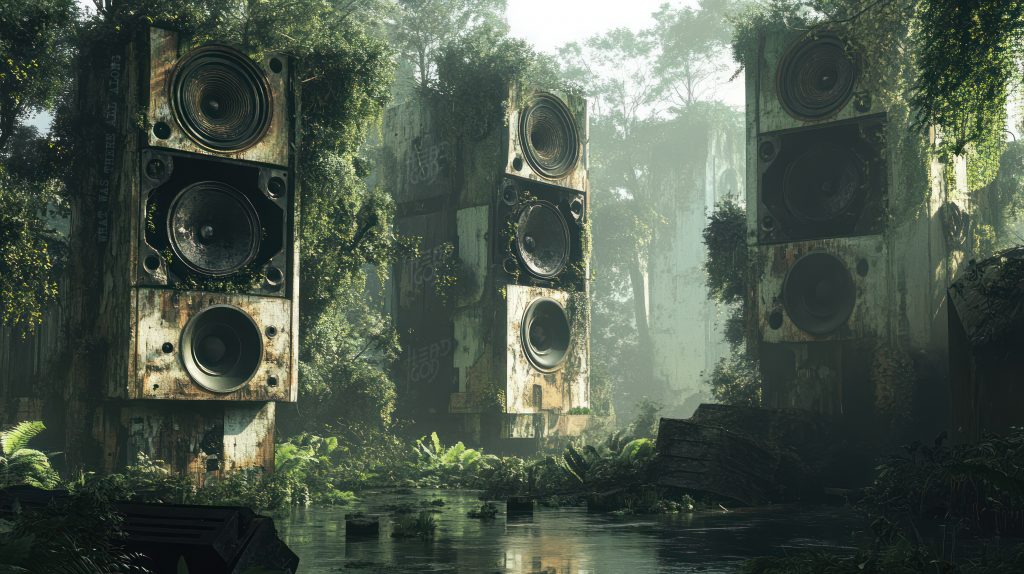 Rusty speakers overgrown jungle scene. Possible stock photo